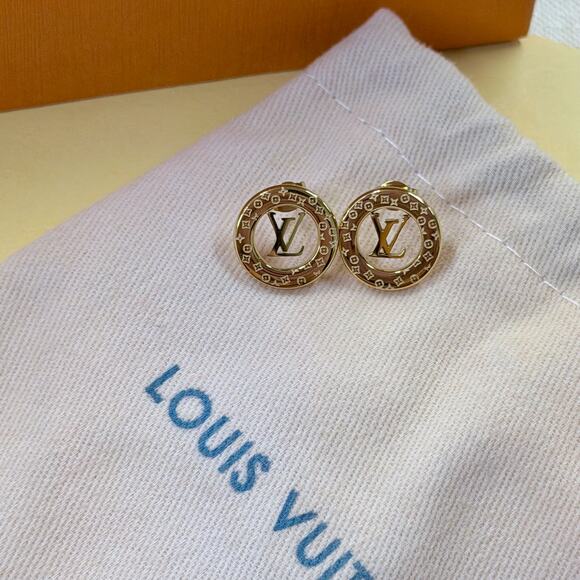 Genuine 18K Gold Plated 1/2 Inch LV Earrings Louis Designer Stamped - Picture 4 of 5